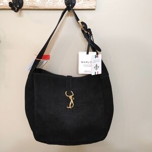 NWT Marlon Black Suede Shoulder Bag Zip Closure Adjustable Strap Leather Purse